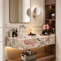 Vasque de salle de bain de luxe en dalle de pierre French Monet Garden, à bord étroit, cuve profonde, rose toutes saisons, sur mesure avec LED