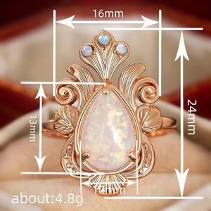 Anello da Cocktail A064 per Donna con Opale a Forma di Pera, Pietra Naturale con Montatura a Griffe, Motivo Vegetale, Anello di Moda per Matrimonio - Product Image 4