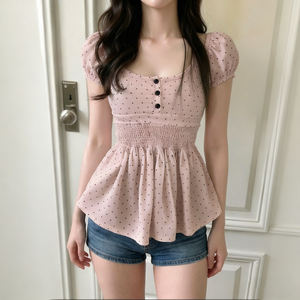 Blusa de Verano para Mujer, Linda, Ecológica, Transpirable, Casual, con Estampado de Lunares, Cintura Alta, Corte en A, Manga Corta, Estiliza la Figura - Product Image 6