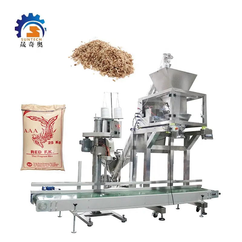 Saco de grãos de arroz automático em pó, 5kg, 10kg, 25kg, 30kg, 50kg, máquina de embalagem com transportador