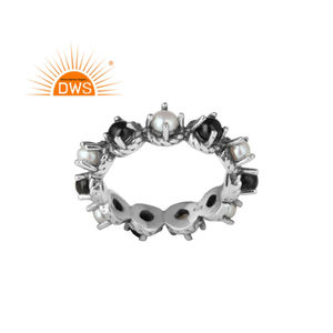 Bague en argent sterling 925 faite à la main avec des perles et de l'onyx noir, style ethnique, bague éternelle faite à la main, bijoux en gros - Product Image 1