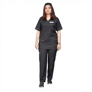 <b>Women</b> Black Doctor Scrub Set V-Neck <b>Top</b> Pants Hospital Uniform Woven Spandex/Polyester Seamless Fusing Needle Detection - Product Image 1