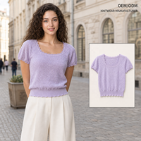 Pull en maille à col carré et manches courtes en dentelle, personnalisé ODM, pour femme, vêtements d'été, vente en gros