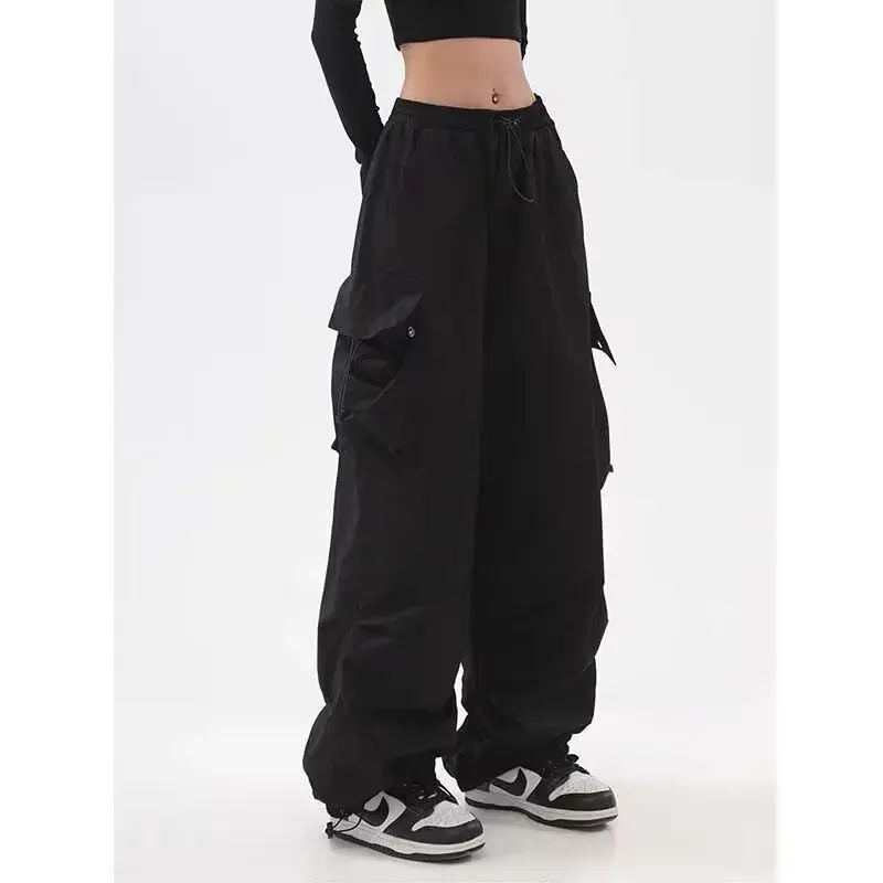 Mulheres Calças Sólida Cintura Baixa Sweatpants Drawstring Calças Perna Larga 2023 Verão Streetwear Punk Casual Tech Pant