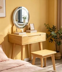 Scandinavian Solid Beech Makeup <b>Vanity</b> With <b>Lighted</b> <b>Mirror</b> And Storage Drawer For Bedroom - Product Image 2