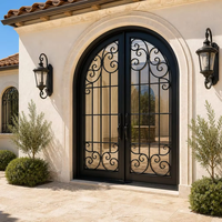 Porte d'entrée double en fer forgé cintrée LINCAI avec panneaux de verre à motifs pour villas et manoirs de luxe