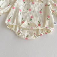 Mono de bebé 2026 de primavera/otoño con estampado floral, cuello triangular, estilo princesa tulipán, de algodón, con doble botonadura