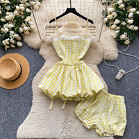 Ensemble deux pièces d'été pour femme : débardeur à fleurs 3D en gingham et short à taille nouée et ourlet bouffant