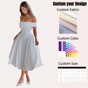 ファッション女性用ショルダー無地ドレープノースリーブAラインミディイブニングドレスエレガントな花嫁介添人プリンセスウェディング宴会ドレス - Product Image 1