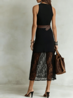 Robe midi noire à col en V et dos nu avec empiècements en dentelle et fente haute, avec ceinture - Style bohème vintage, style vacances américaines, tenue décontractée