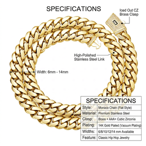 Cadena <span class=keywords><strong>de</strong></span> Eslabones Cubanos Planos <span class=keywords><strong>de</strong></span> Acero Inoxidable con Baño <span class=keywords><strong>de</strong></span> <span class=keywords><strong>Oro</strong></span> PVD <span class=keywords><strong>de</strong></span> 14K, Sin Deslustre, con Cierre <span class=keywords><strong>de</strong></span> Circonitas, Joyería Clásica para Hombre y Mujer - Product Image 2