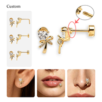 ZUOLA Piercing en Titane Chirurgical Fin et Or Véritable 18K, Motif Nœud, Ruban et Cœur, Labret, Stud pour Lèvre, Boucle d'oreille Hélix Tragus, Bijou de Nez en Forme de L