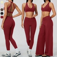 Ensemble de sport pour femme couleur unie : Soutien-gorge de sport dos évidé, Legging de yoga taille haute à coupe croisée en V et Pantalon large pour l'entraînement et le fitness