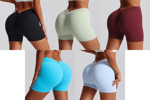 Penjualan langsung dari pabrik celana pendek senam wanita pinggang tinggi pengangkat pinggul warna polos celana pendek sejuk kerut celana Yoga - Product Image 3