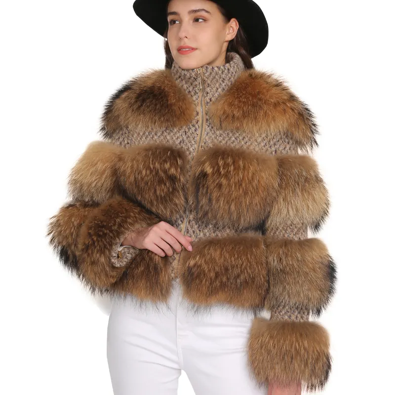 New fashionable Woman Jacket Fur Real Raccoon Fur Jacket Fluffy Big Raccoon Fur Collar Coat