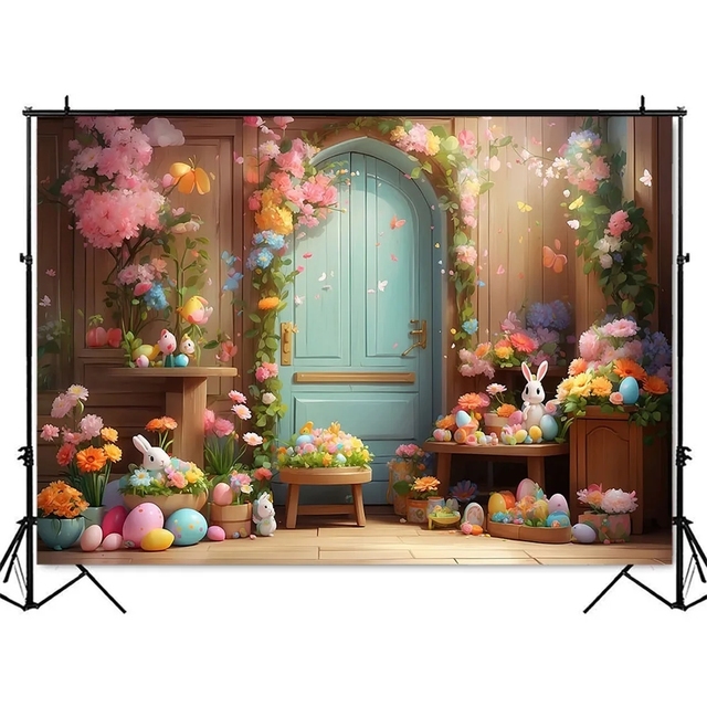 Spring Cartoon Easter Backdrop for Photography Studio Rustic Wood Door Cake Smash Photo Background for Newborn Kid Portrait Prop