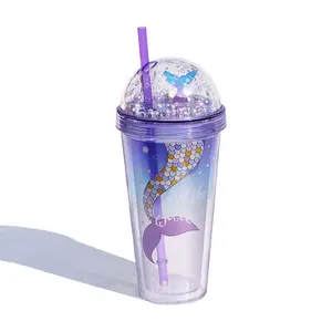 Bicchiere da gelato in acrilico a doppia parete con Glitter a sirena con cannuccia per bambini bambini adulti