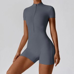 Women Yoga Jumpsuit Short Sleeve Half Zip Bodysuit V Neck Seamless One Piece <b>Romper</b> for Fitness Dance - Product Image 3