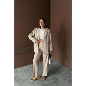 Elegante Conjunto de Traje para Mujer a Rayas Beige, Poliéster y Algodón, Antiarrugas, Pantalones Anchos, Chaqueta, Ropa de Oficina - Product Image 6