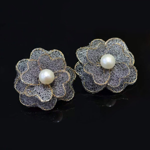 Handmade Floral Lace Pearl Dangle <b>Earrings</b>, USA Imported 14K Gold Filled Fittings, Italian Lace Craft, Natural Freshwater Pearl - Product Image 3