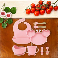 Ensemble de vaisselle pour bébé en silicone : bol, assiette en forme de crabe, bavoir, assiette compartimentée, cuillère, fourchette, tasse