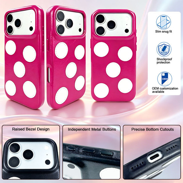 Stylish Pink PU Leather Phone Case with White Polka Dots Trendy Cute Girly Design Shockproof Case for iPhone 15/16/17/18 Pro Max