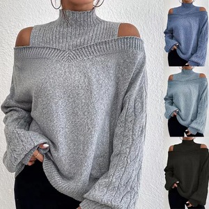 Pull-over en maille à col montant et épaules dénudées pour femme, manches lanternes amples, couleur unie, mode automne-hiver - Product Image 1