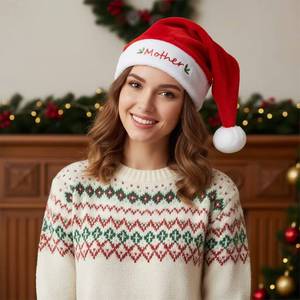 Ensemble familial de luxe en peluche courte, bonnet de Noël brodé pour parents et enfants, décorations de Noël - Product Image 3