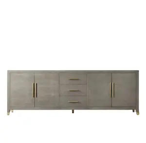Home furniture dining room furniture shagreen-embossed leather metal handle glass panel 4-door sideboard with drawers