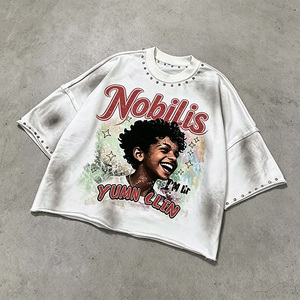T-shirts personnalisés en coton épais avec logo et impression <span class=keywords><strong>graphique</strong></span>, coupe courte, effet vieilli, strass, délavé à l'acide, coupe carrée, faible MOQ, fabricant - Product Image 2