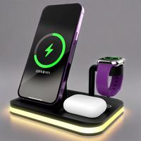 Support de chargeur sans fil rapide portable 15W PD OVP 3-en-1 avec veilleuse, réglage de la luminosité sur 3 niveaux et câble rétractable