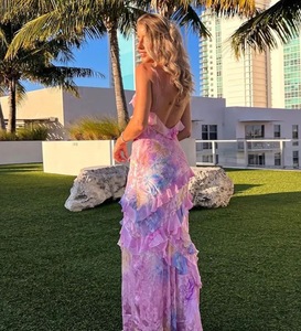 Robe de soirée pour femme, sans manches, dos nu, à volants, imprimé floral, style licou, coupe ajustée, <span class=keywords><strong>sexy</strong></span>, décontractée, pour la plage et les voyages - Product Image 4