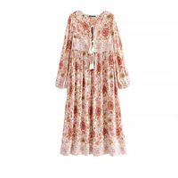 204 impression florale longue robe bohême col en V à manches longues taille haute femmes décontracté coreen style longueur de plancher