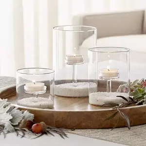 Barattolo di candela in vetro borosilicato alto tavolo da pranzo per feste candelabro in vetro trasparente
