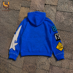 Veste à capuche zippée personnalisée, style vintage délavé, avec patchwork, badges, rivets, effet vieilli et effiloché, coupe courte, streetwear - Product Image 2