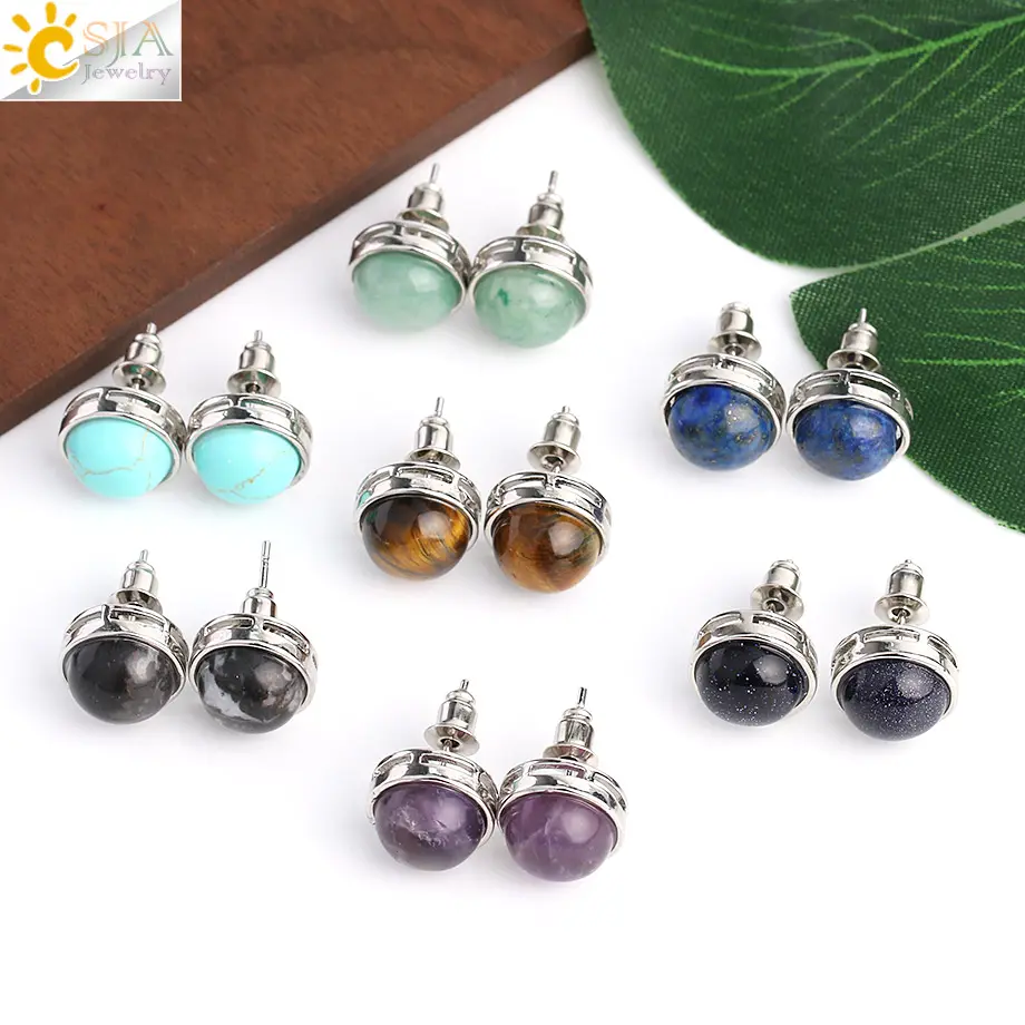 CSJA-pendientes de piedras de cristal de piedra Natural para mujer, aretes redondos de tuerca azul turquesa, G063