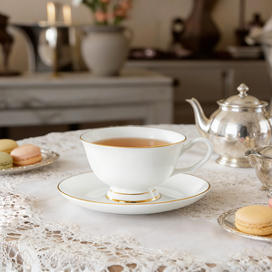 Tazze e piattini da tè in porcellana bone china personalizzati, set di piattini da tè moderni con bordo in oro bianco - Product Image 3