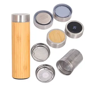 Natural 300/400/500ML Double wall stainless steel bamboo water bottle bamboo flask with tea infuser