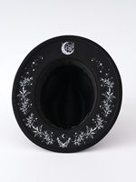 Chapeau Fedora à large bord, peint à la main, motif Lune et Rose, style gothique - Chapeau de fête et de festival en feutre de laine, style médiéval mystérieux, pour femmes et hommes
