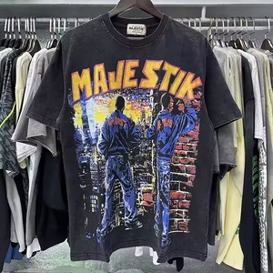 Shining Rhinestone MAJESTIK Men's T-Shirt Washed Cotton Short Sleeve American High Street Oversized Hip Hop Casual Graphic Shirt - Product Image 4