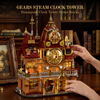 H1027 Tour d'Horloge Steampunk en Briques avec Lumières, Modèle d'Architecture Vintage, Kit de Briques pour Décoration de Bureau et Cadeaux