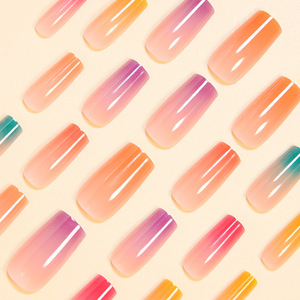 Faux ongles à presser effet cercueil, couleur bonbon dégradé arc-en-ciel, forme tube long et effilé, pré-finis, réutilisables, pour manucure de fête - Product Image 4