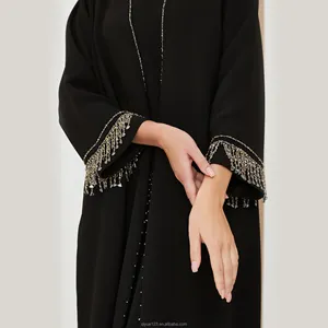 Eidcollection pakaian abaya sederhana dalam rumbai muslim pakaian luar abaya hitam dengan rumbai kristal di lengan kain wanita