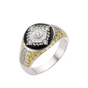 Unisex Unique Italian White Gold Plated Thick Ring Zircon Clear Gemstone Retro Black Enamel Ring Jewelry For Men Women