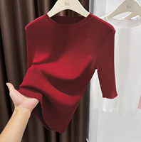 T-shirt ajusté à manches mi-longues pour femme, pull fin en maille, haut de gamme