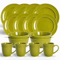 Service de table classique en grès vert olive 16 pièces - Écologique pour 4 personnes, comprenant assiettes, bols et tasses en céramique