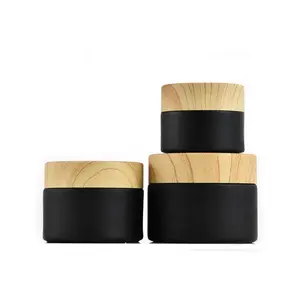 Custom Wooden Glass Empty Matte Blacked Jar 30g 50g Cosmetic Face Lotion Cream Body butter Scrub Containers with Bamboo Lids