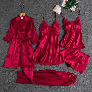 Conjunto de Verão Feminino em Cetim com Cinco Peças, Camisola Sexy de Manga Longa, Conjunto de Pijamas Respirável para Mulheres - Product Image 2