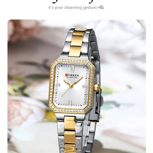 Montres de luxe CURREN 9102 pour femmes, cadran rectangulaire simple avec strass étincelants, montre-bracelet à quartz décontractée avec - Product Image 2