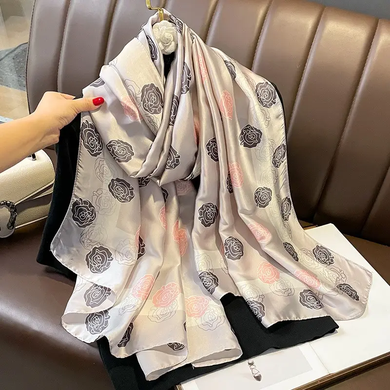 2023 Summer New 90*180 cm Long Square Flower Printed Polyester Scarf Fashion Windproof Sunshade Hijab Shawls